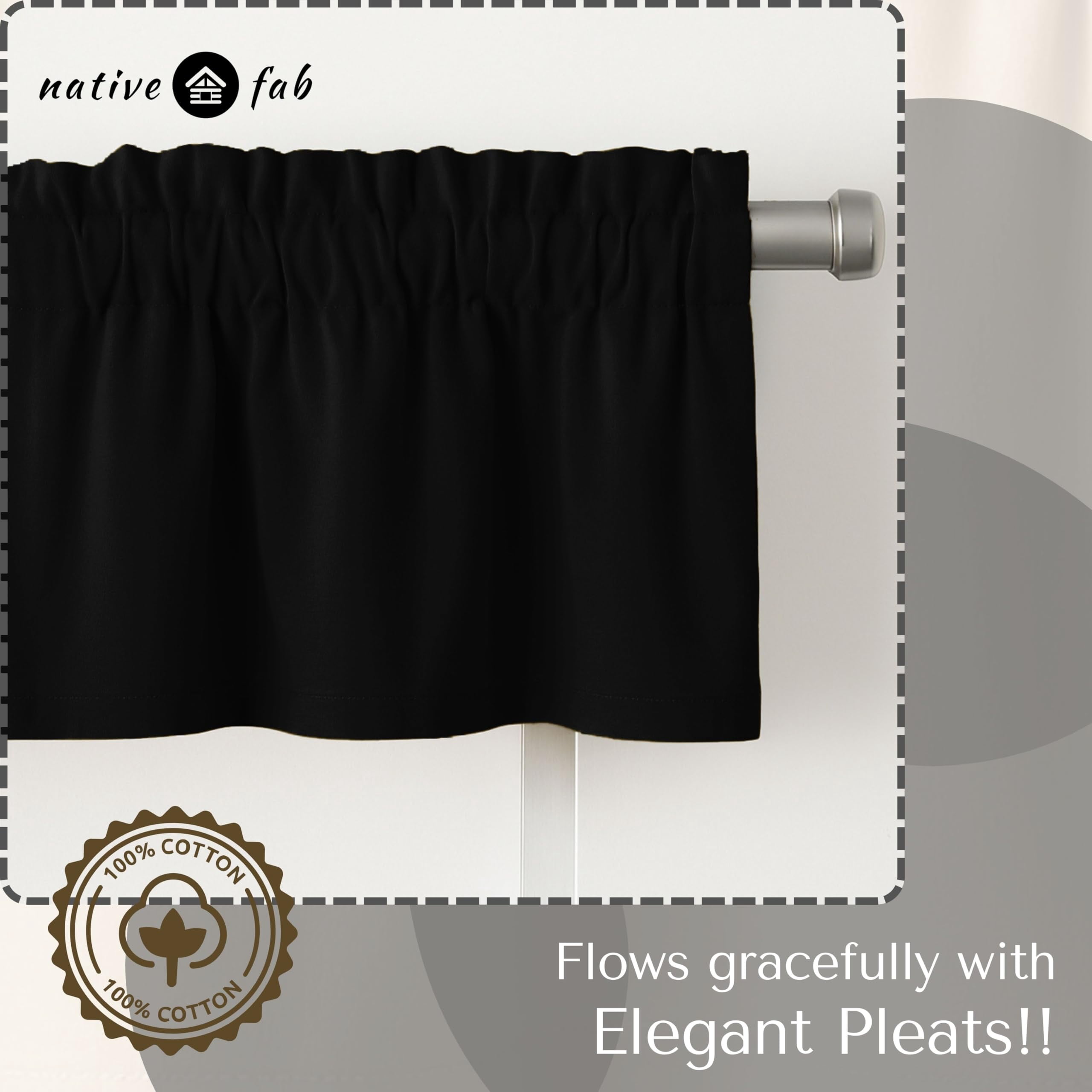 Native Fab Set of 2 Valance Curtains for Windows 54"x18" for Living Room Bedroom Kitchen Windows Bathroom, Farmhouse Vintage Curtain Valances Rod Pocket - Black