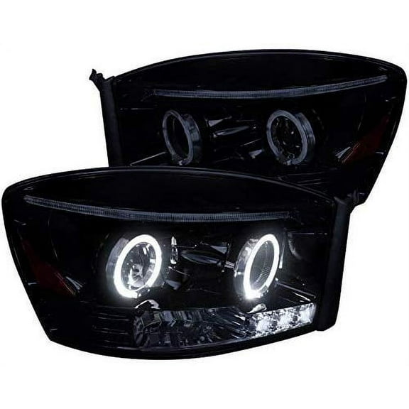 SMD LED Halo Projector Headlight In Gloss Black Housing Smoke Lens Made For And Compatible With 2006 - 2008 Dodge RAM 1500 2500 3500 06 07 08
