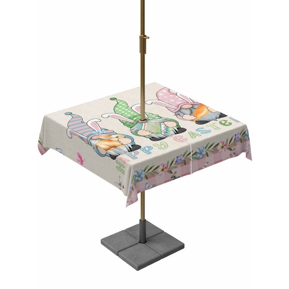 Outdoor Tablecloth with Umbrella Hole and Zipper, Easter Square Table Cloth 60x60 Inch Waterproof Tablecloth, Country Gnomes Rabbit Colorful Eggs Flowers Treill Picnic Table Cover for Patio Camping