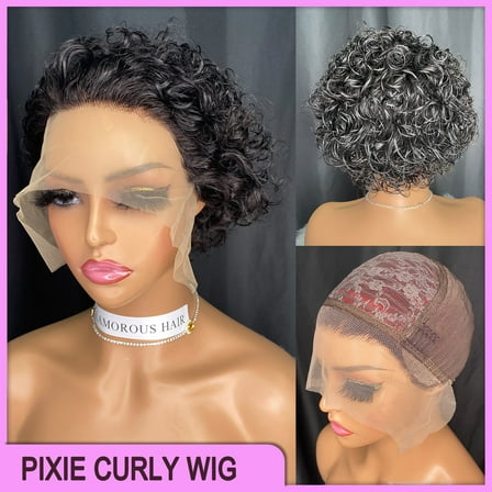 Curly Bob Human Hair Wigs with Bangs Short Rose Glueless Full Machine Made Natural Black Pixie 13x1 Lace Wig