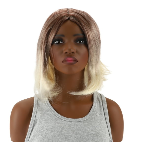 Unique Bargains 1 Pc Straight Short Hair Hair Wig High Temperature Fiber 10in Human Wig Beige Brown for Women