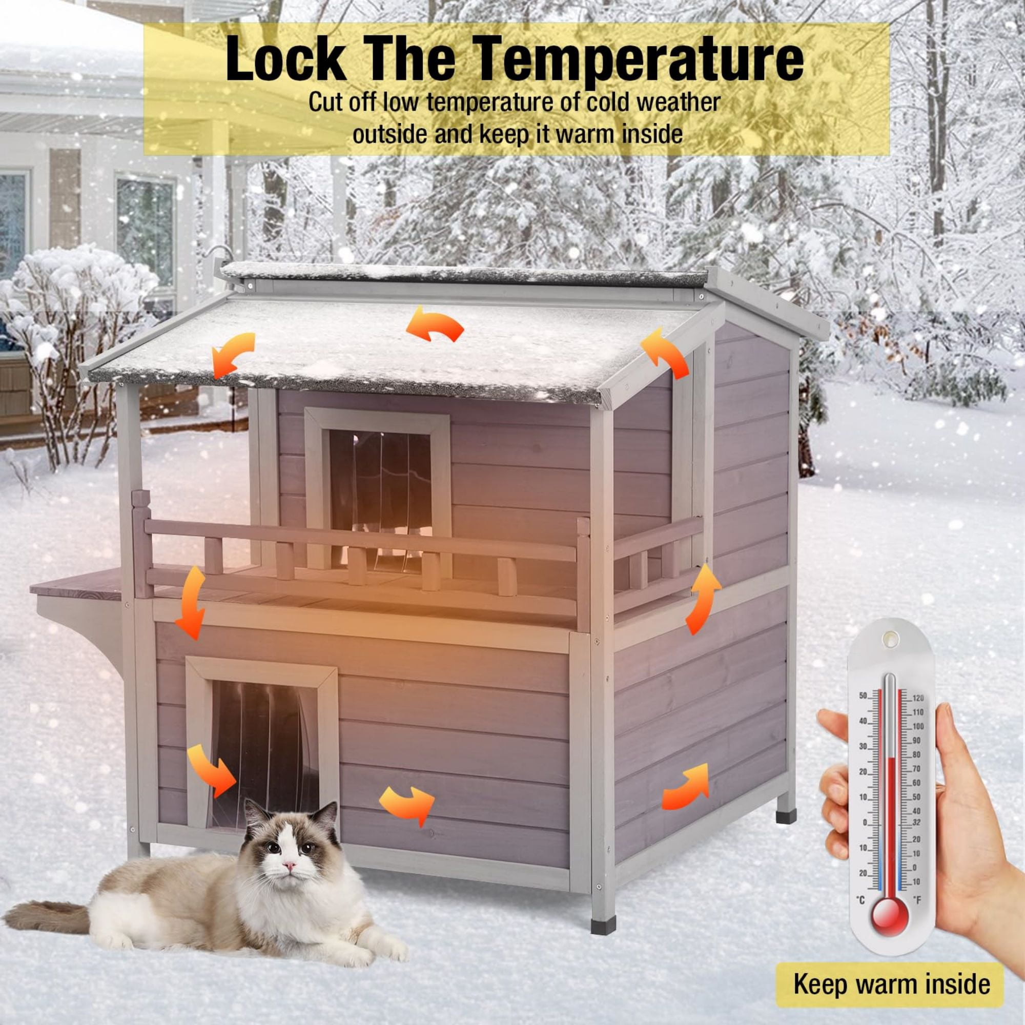 Aivituvin Insulated Outdoor Cat House with Insulated Liner, Winter Weatherproof Feral Cat Condo Shelter with Balcony, Gray