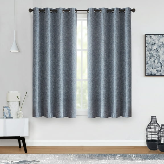 Uptown Home Navy Blue Solid Heavy Linen Textured Blackout Curtain for Bedroom Living Room Office, Grommet, 50"x63"x2