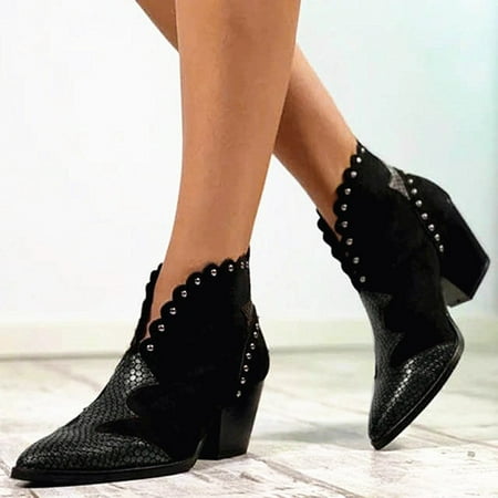 

Aueoeo Winter Boots For Women Booties Women S Thick Heel Rivets With Pointed Toe Snake Pattern Ankle Boots Chunky Boots For Women