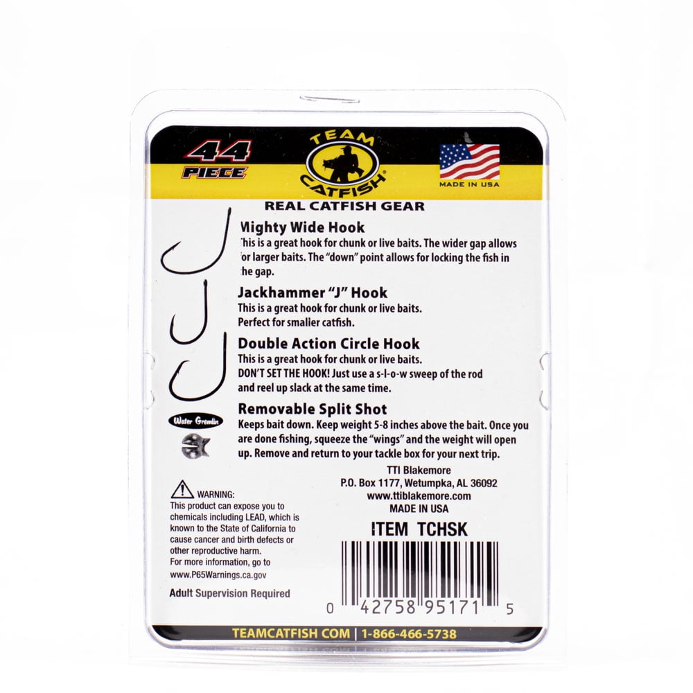 Team Catfish 44pc All U need Kit Double action hook Jack hammer J hook, might wide hook sinkers