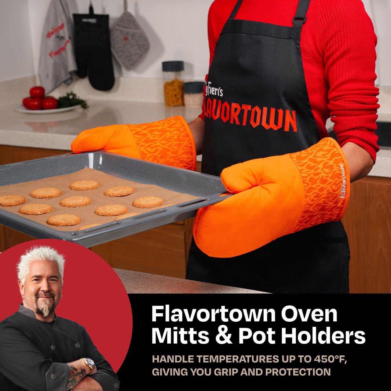 Guy Fieri's Flavortown Kitchen Essentials Bundles, Orange Flame 4-Piece Set, 2 Oven Mitts & 2 Pot Holders, High Heat Resistant up to 450°F