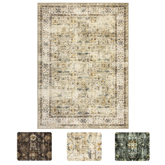 Large Vintage Area Rug 9 x 12 Washable Floral Print Living Room Rug, Non-Slip Distressed Accent Carpet, Foldable Traditional Low Pile Floor Cover for Dining Room, Bedroom, Beige