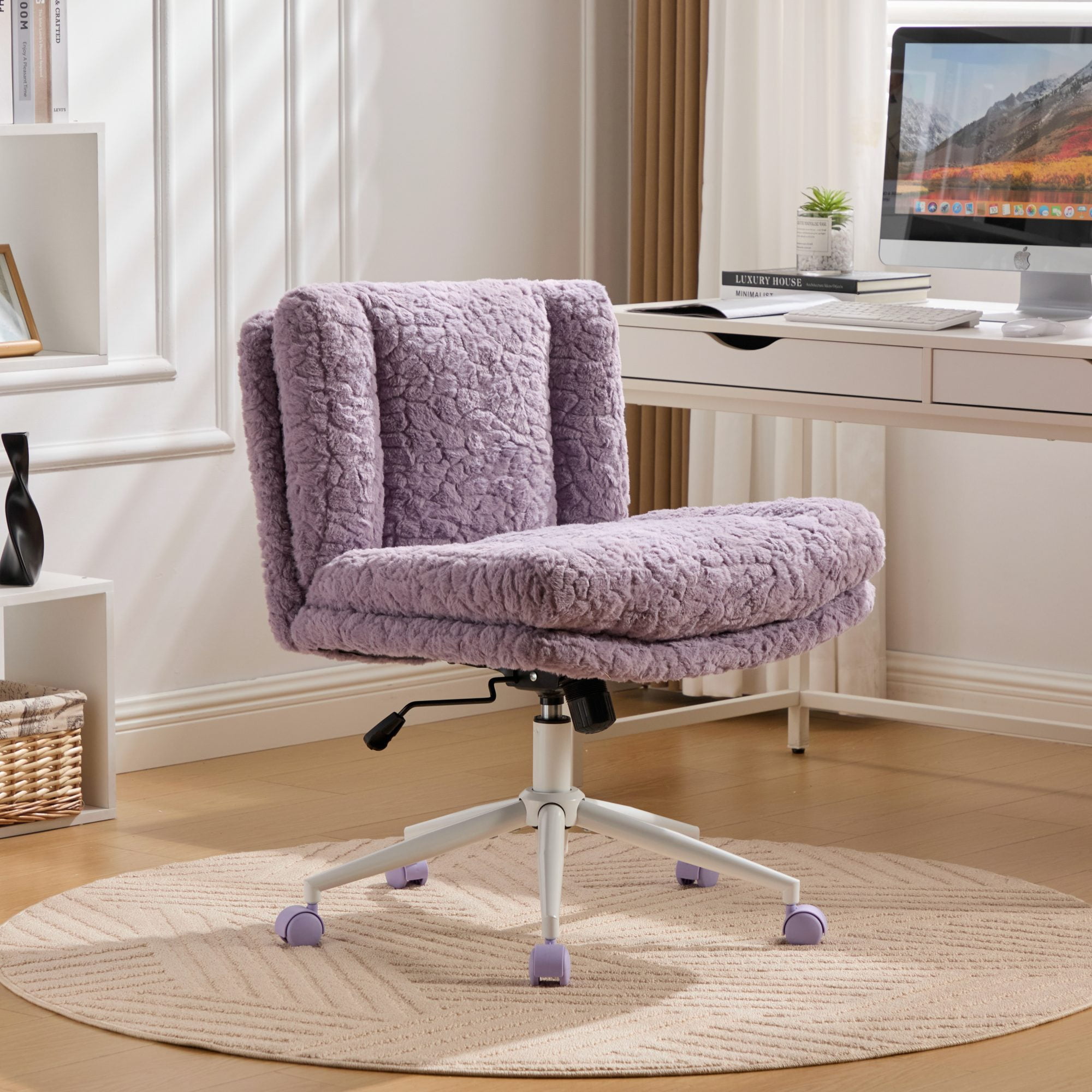 MAYEERTY 26.4 Inch Wide Seat Office Chair - Artificial Rabbit Hair, Metal Base, Adjustable Swivel, Vanity Chair, Violet