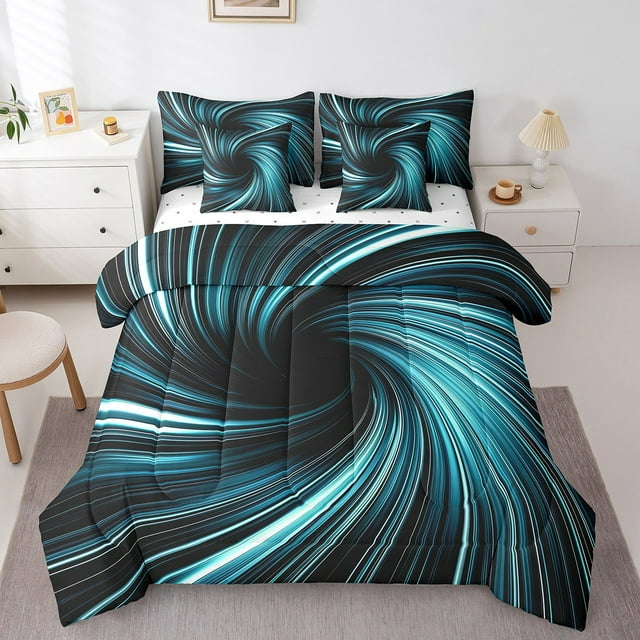 Erosebridal Swirl Abstract Bedding Queen Size, Futuristic Geometry Bedding Sets Queen Size, Modern Stripes Comforter Sets with Sheets, Breathable Bedroom Decorative, 7pcs