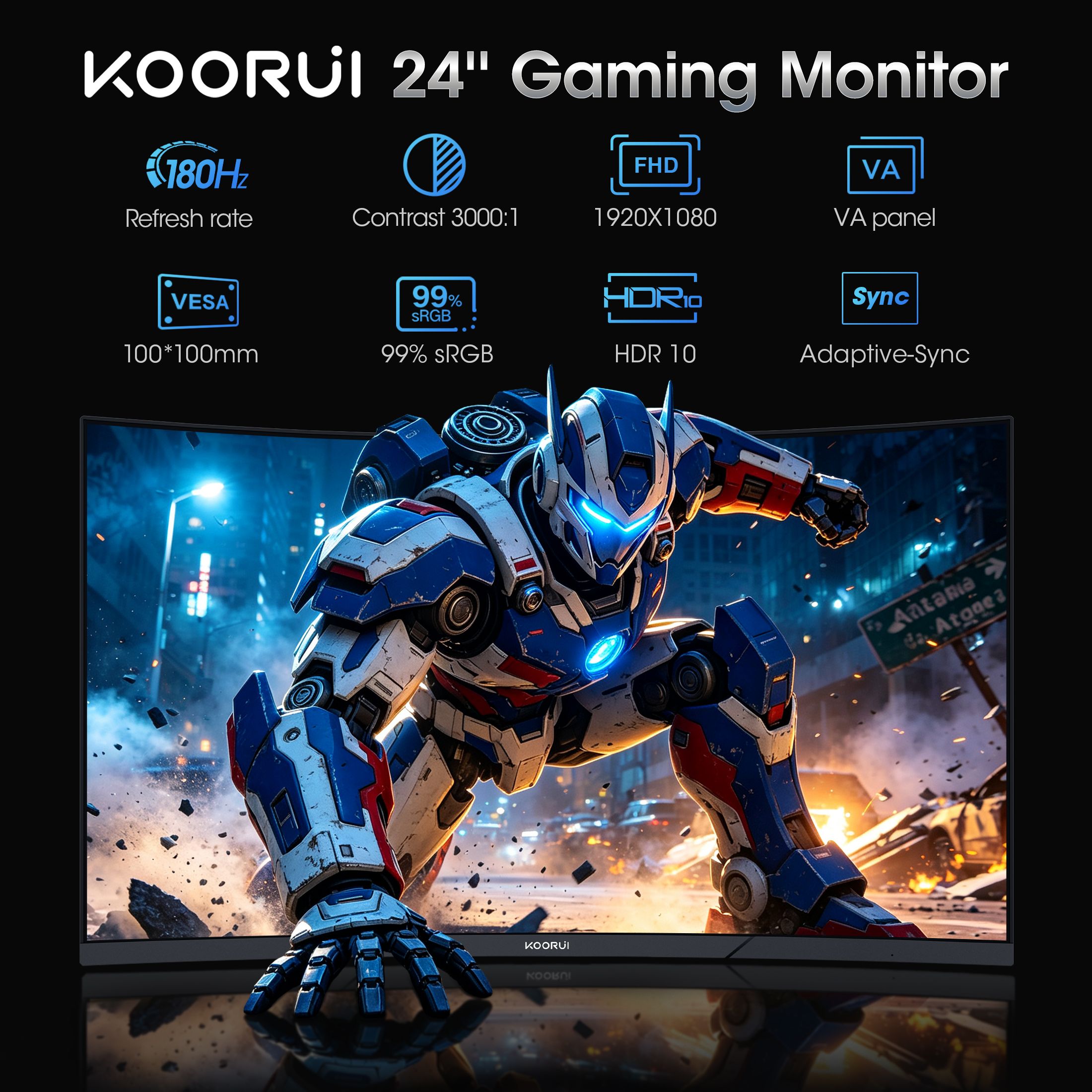 KOORUI 24" 180Hz Curved Gaming Monitor, Black photo 5
