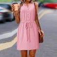 thumbnail image 4 of Antinious Ladies Solid V-Neck Sleeveless Waist Button Drawstring Versatile Daily Dress, 4 of 5