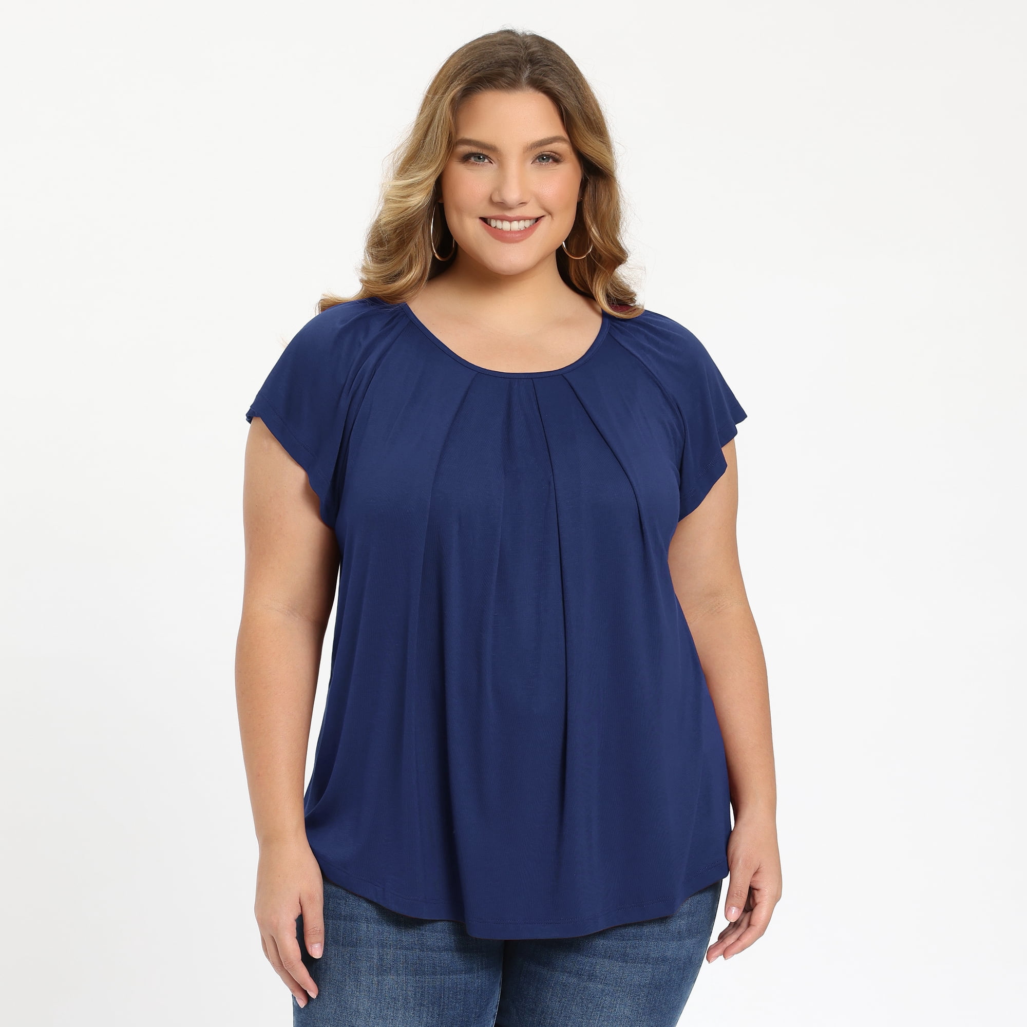 DARING DIVA Women's Plus Blouse Pleated Ruffle Sleeve Round Neck Loose Tops 3X Dark Blue