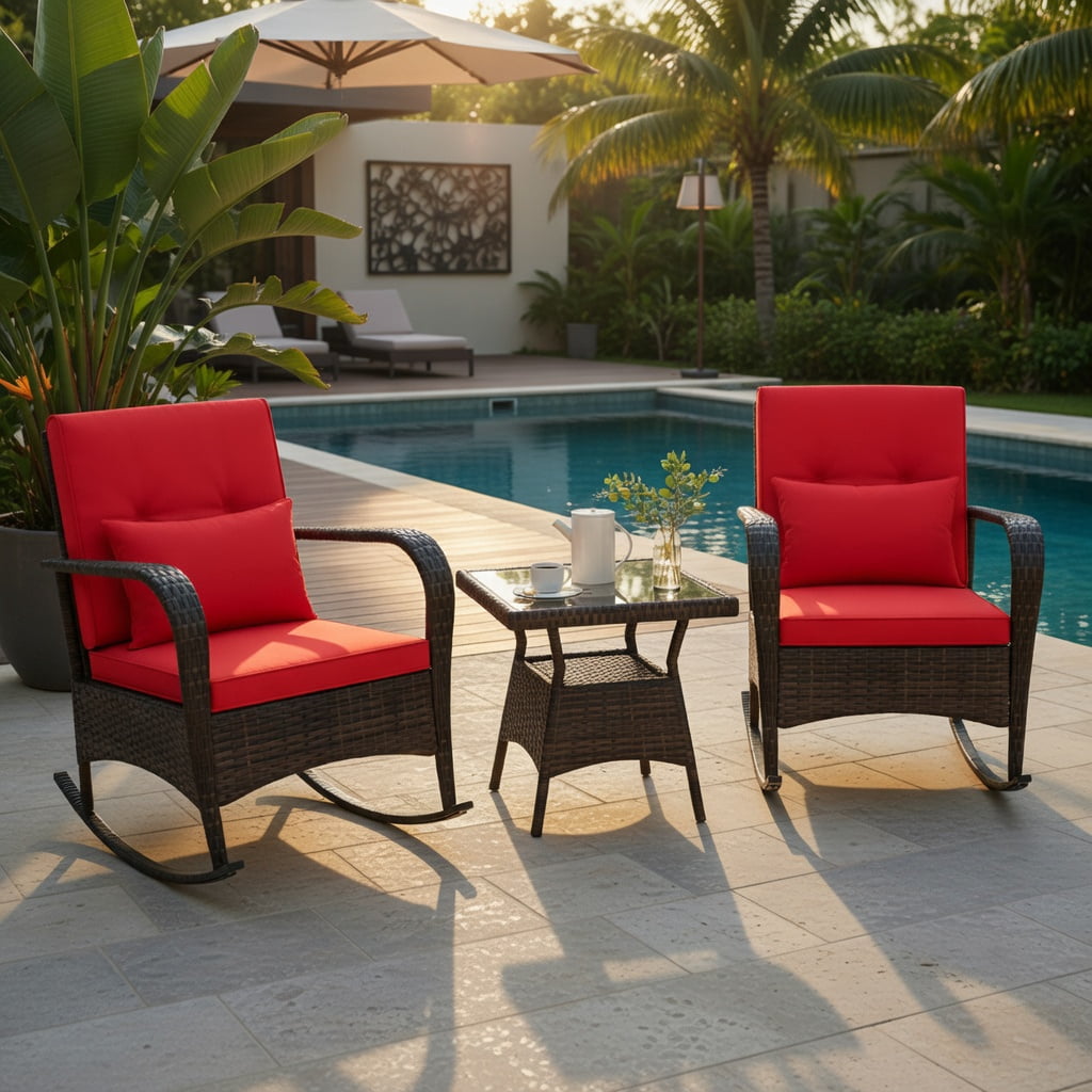 Hommoo 3-Piece Outdoor Rocking Chair Set with Tempered Glass Coffee Table, PE Rattan & Metal Frame for Backyard, Patio, Poolside, Red
