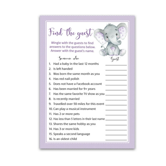GENDER NEUTRAL Purple Elephant Baby Shower Game — FIND THE GUEST Baby Shower Game — Pack of 25 — Purple Polka Dot Baby Shower Games, Icebreaker Party Game, Guess Who Came to the party Game G503-FTG