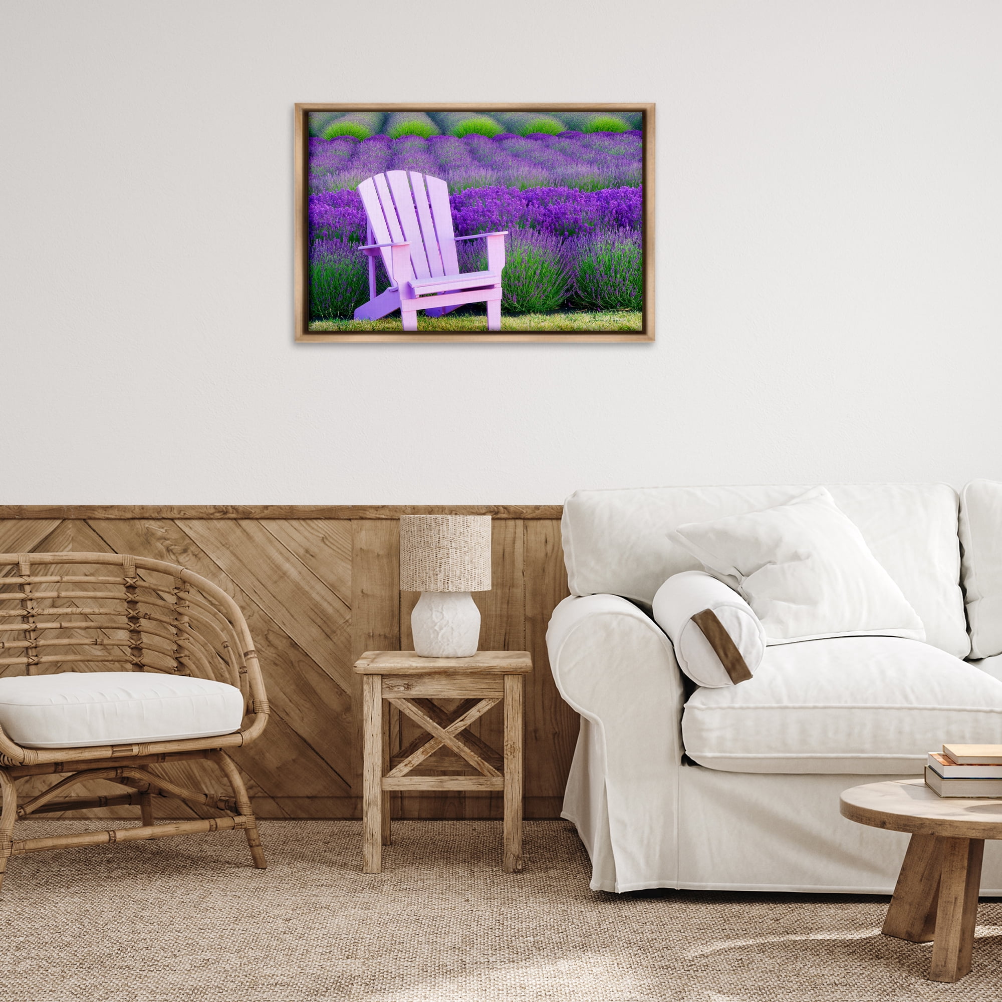 Stupell Industries Chair & Lavender Field Landscape & Nature Painting Brown Floater Framed Canvas Art Print Wall Art, 31 x 21