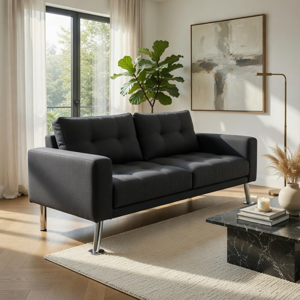 Hommoo Convertible Futon Sofa Bed with 2 Cup Holders – Linen Fabric, Iron & Pine Wood Frame, 3-Position Adjustable (Dark Gray)