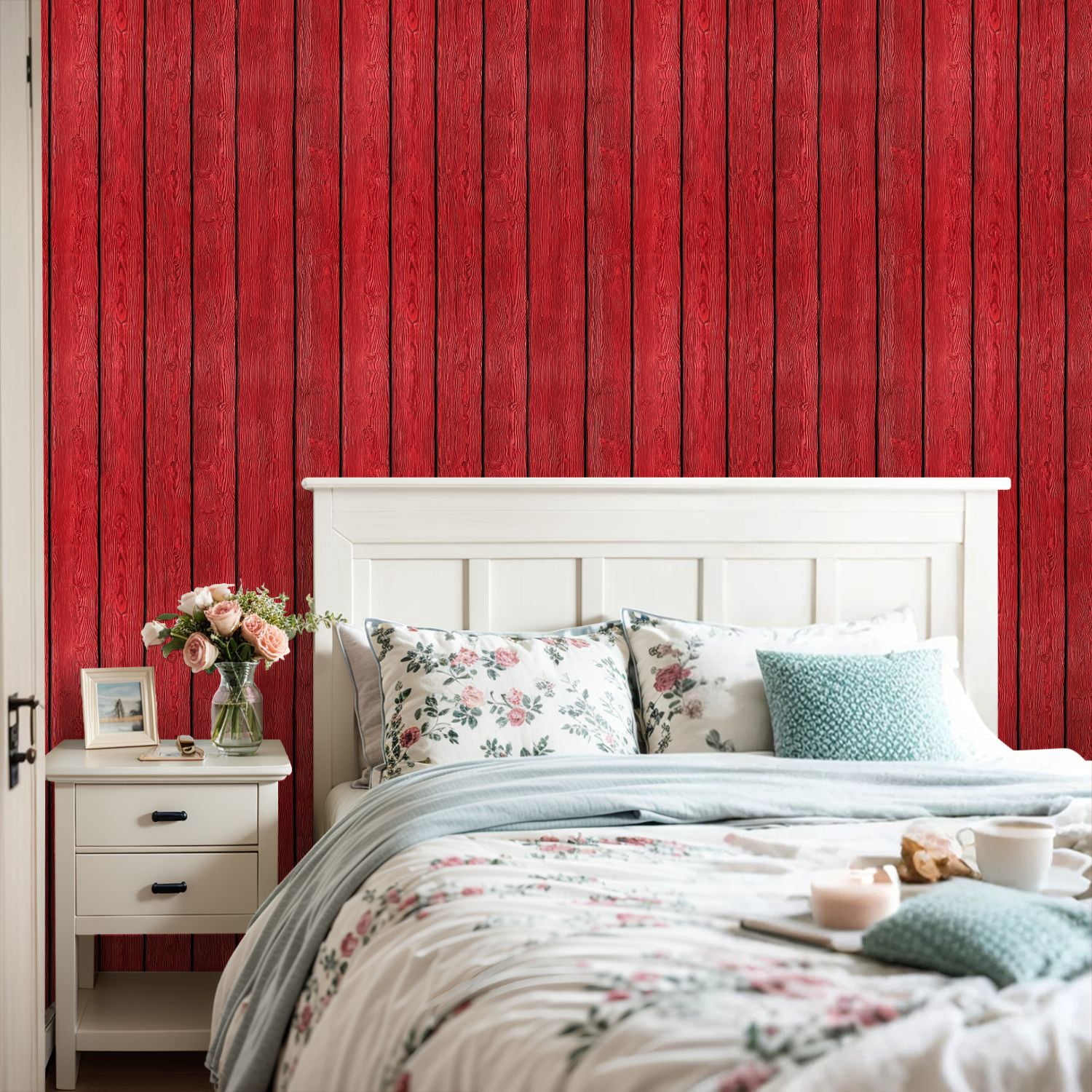 Peel and Stick Wallpaper Red Painted Wooden Planks Vertical Rustic Wood Texture 17.7in x 118in Contact Paper Removable Self Adhesive Wall Mural Wall Decor for Bedroom Kitchen Cabinets