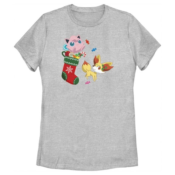 Women's Pokemon Christmas Jigglypuff and Fennekin Stocking  Graphic Tee Athletic Heather Large