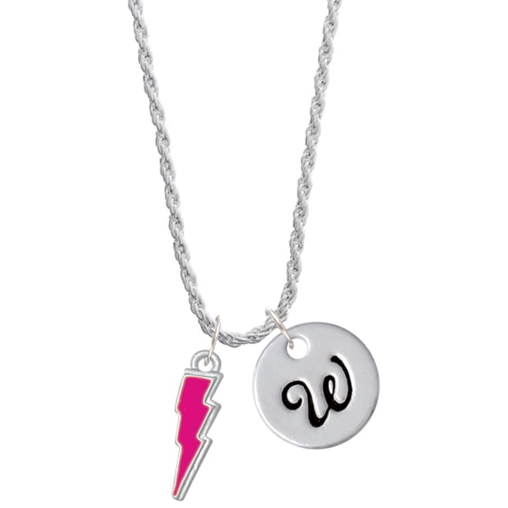 Delight Jewelry Silvertone Hot Pink Lightning Bolt Silvertone Script Initial Disc - W - Charm Necklace, 20"+3"