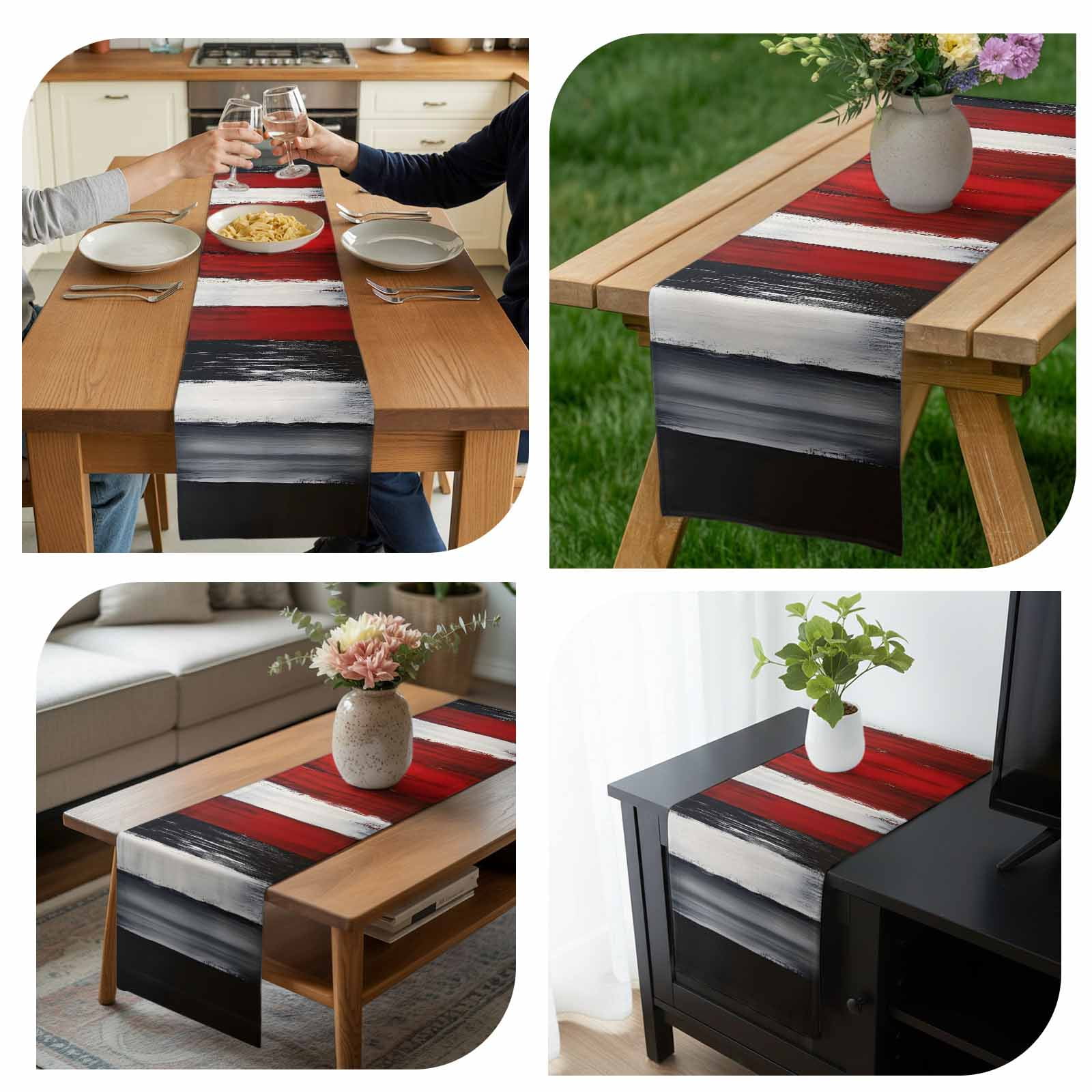 Black And Red Strip Table Runner 13x90 inch Classic Modern Art Cotton Linen Dining Table Runner Ideal for Dresser Kitchen Coffee Tables - Machine Washable