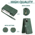 thumbnail image 6 of Compatible With iPhone 12 Pro Max Wallet Case Full Coverage Metal Zipper and Buttons Design Dual Layer Kickstand Card Pocket Slim & Lightweight Shockproof Wrist Strap Phone Case,Darkgreen, 6 of 12