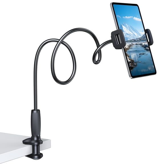CreaDream Gooseneck Tablet Holder for iPad & Kindle, Flexible Arm Tablet Stand Clip Tablet Mount Compatible with iPad Pro Air Mini, Galaxy Tab, Switch, iPhone More 4.7-11" Device - Black