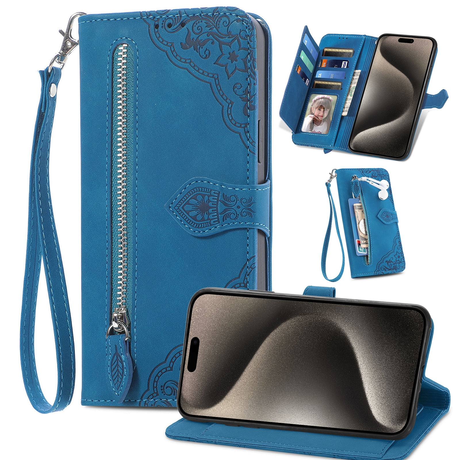 ShellTech Zipper Wallet Case for iPhone 7/iPhone 8/iPhone SE 2nd 3rd Generation,Magnetic Closure Leather Card Slots Wallet Case Shockproof TPU Kickstand Cover with Lanyard,Blue