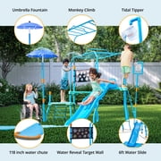 Plum Play Kids Water Slide Outdoor Play Equipment - Toddler Water Toys, Water Gun, Monkey Bars, Sprinkler for Kids, Dump Bucket, Backyard Waterpark with Splash, 3yrs+, Up to 110 lbs (Blaster Course)