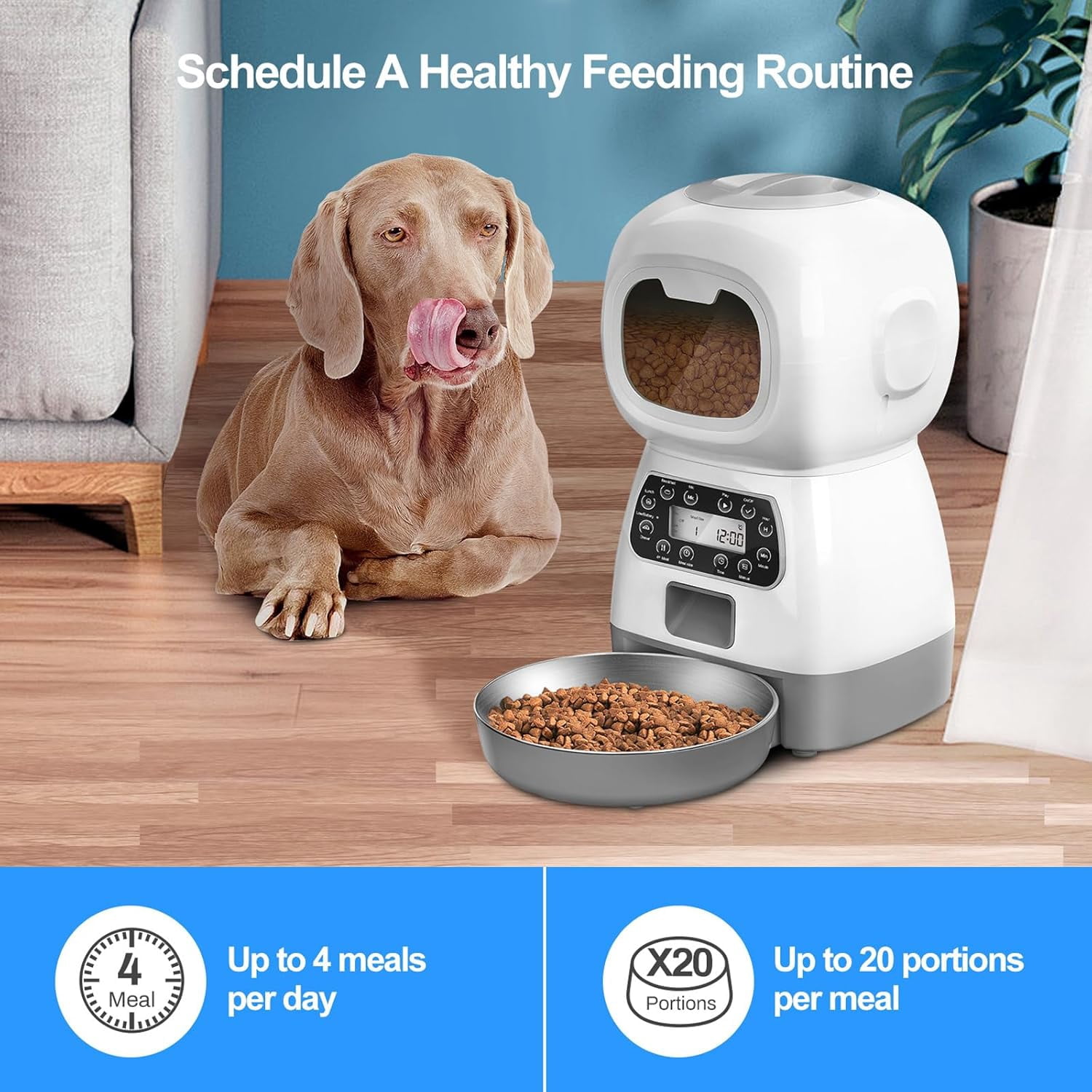 Automatic Cat Feeders, 3.5L Timed Dog Feeder 4 Meals Daily with Portion Control, Automatic Pet Feeders with Timer for Small Medium Dog & Cat, Auto Dry Cat Food Dispenser with Dual Power Supply