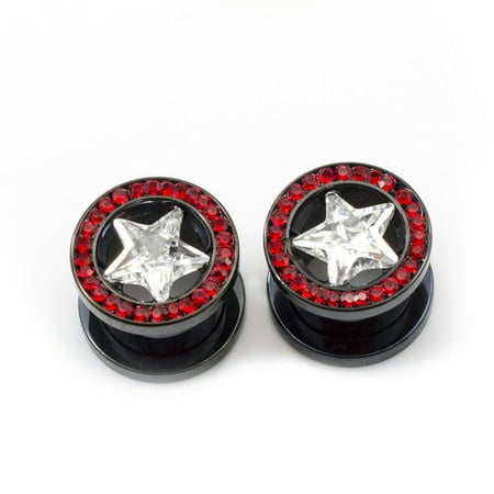 

Pair of Ear Plugs screw fit with a Clear Cz Star Shape and multiple small red ge