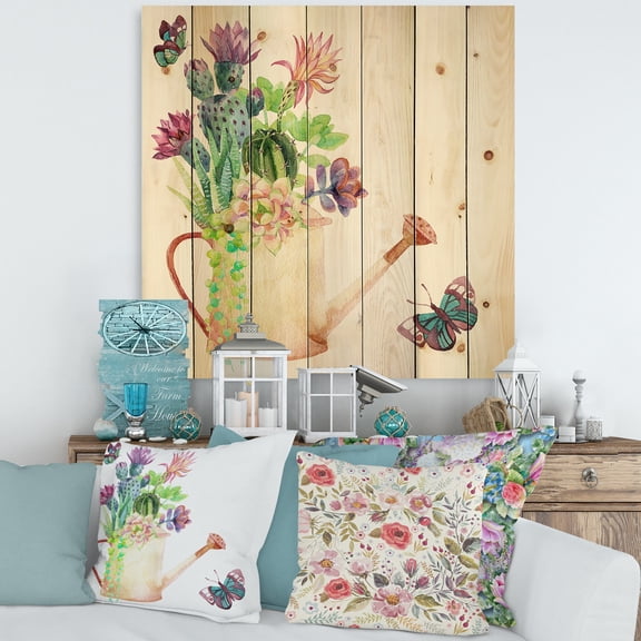 Designart 'Succulents In Old Watering Can With Butterfly' Farmhouse Print on Natural Pine Wood