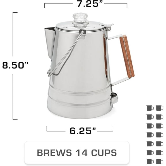 Butte Coffee Percolator Camping — Percolator Coffee Pot, NO Aluminum or Plastic [14 Cup]