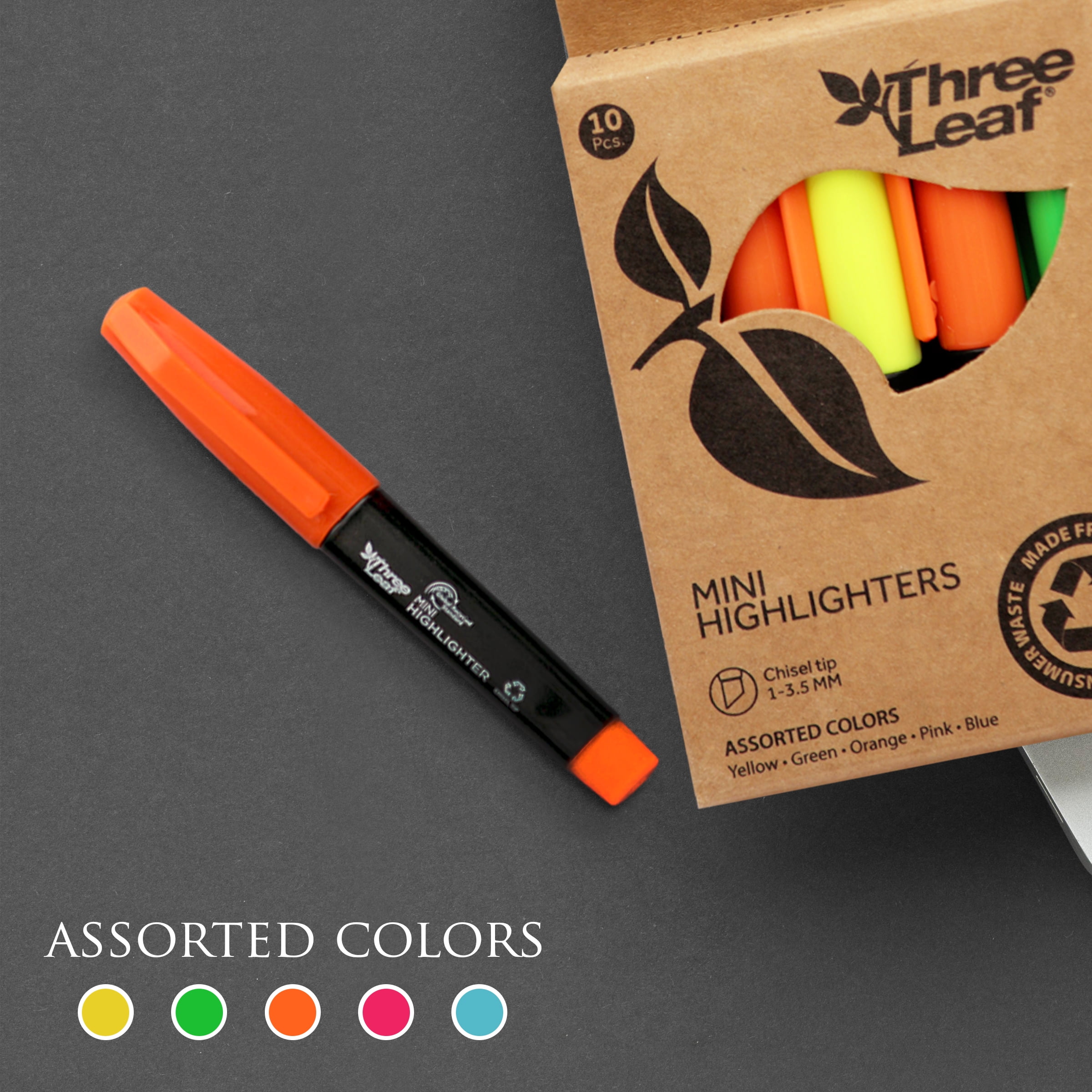 Three Leaf Mini Highlighter 10 Ct., Pack Of 72, Assorted Color, Chisel Tip. Ideal Highlighter for Organizing and Coloring, Dry-Quickly Non-Toxic Highlighter, Suitable for Offices, Schools, Home.