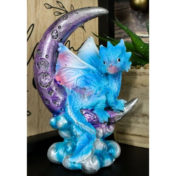 Pastel Blue Dream Baby Dragon Wyrmling Sitting On Purple Crescent Moon Figurine