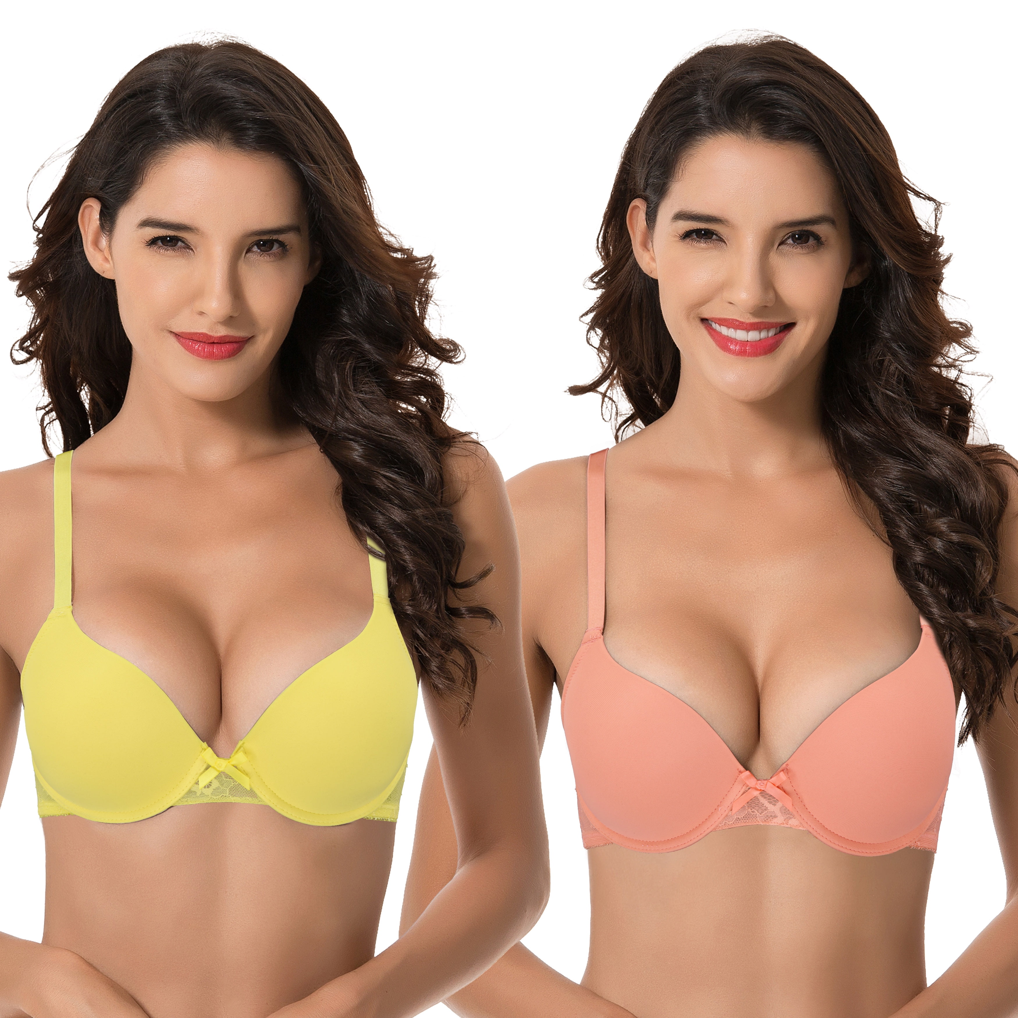 Curve Muse Womens Plus Size Perfect Shape Add 1 Cup Push Up Underwire  Tshirt Bra-2PK-Yellow,Shrimp Pink-38B