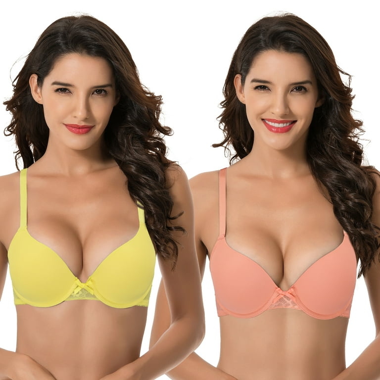 Curve Muse Womens Plus Size Perfect Shape Add 1 Cup Push Up Underwire  Tshirt Bra-2PK-Yellow,Shrimp Pink-46B 