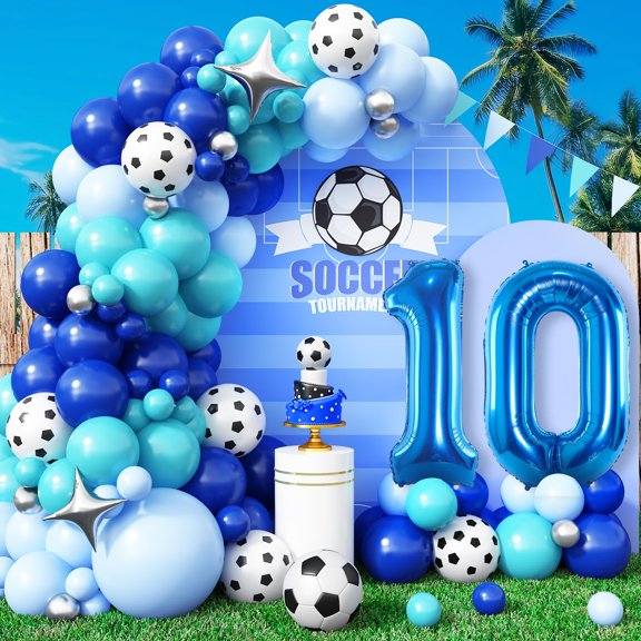 10th Birthday Party Decoration for KKS1 Boys, 10th Birthday Balloons Arch with Royal Blue Teal Light Blue Balloon Garland Kit Large Number 10 Balloon for 10th Football Birthday Party Supply