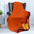 thumbnail image 4 of Spider Web Soft Flannel Fleece Throw Blanket, 3 Halloween Pumpkins Abstract Black Web Pattern Trick or Treat, Cozy Plush for Indoor and Outdoor Use, 60" x 80", Orange Marigold Black, by Ambesonne, 4 of 5