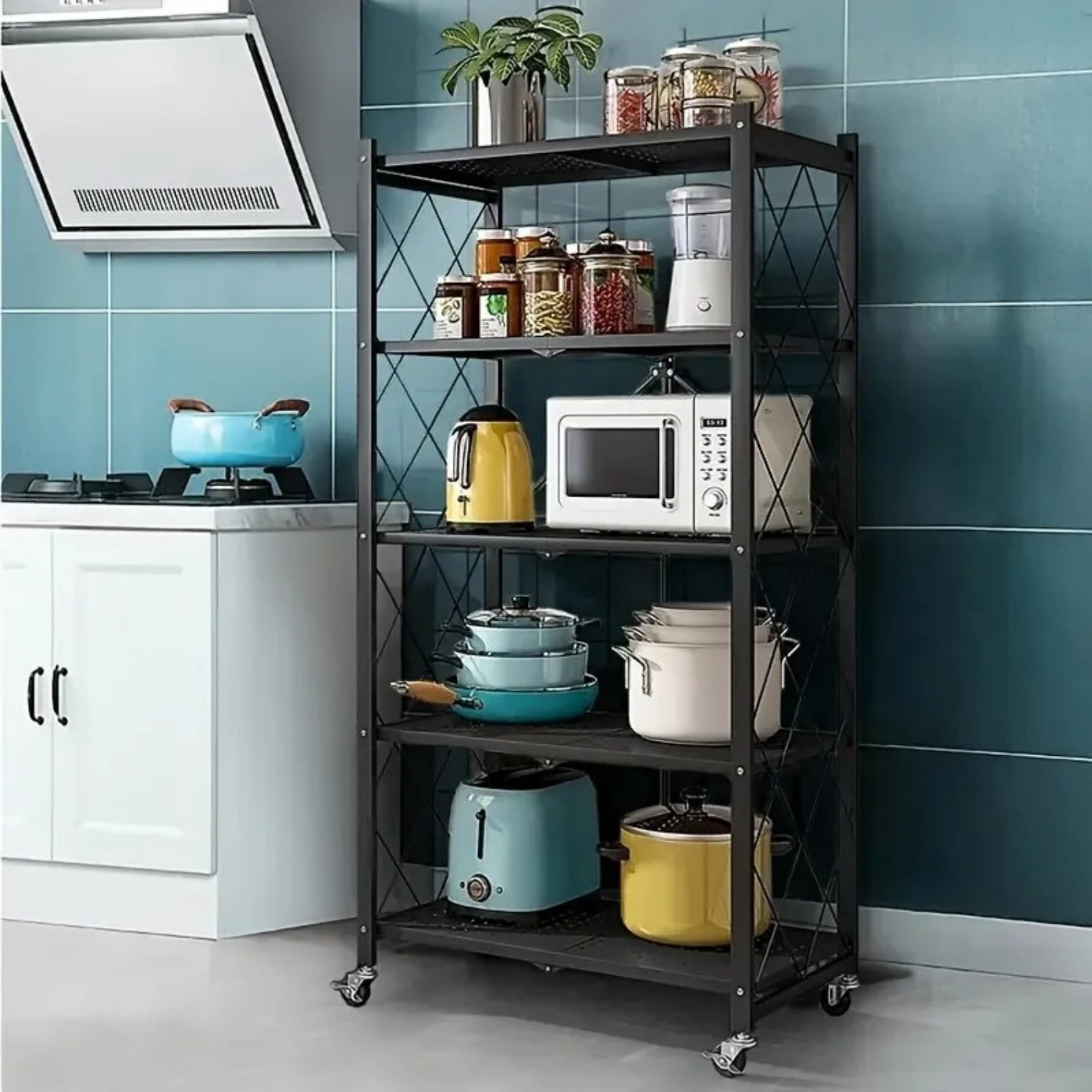 62"H 5-Tier Heavy Duty Storage Shelving Unit with Wheels, Foldable Metal Wire Rack Organizer for Garage Kitchen Pantry Basement, Black