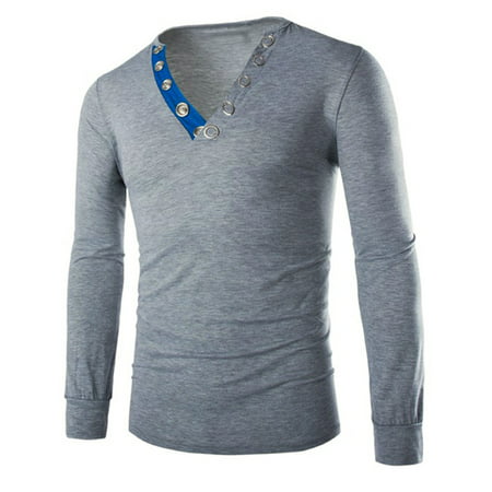 Men Metal Button V Neck Long Sleeve Slim Muscle T Shirt Grey
