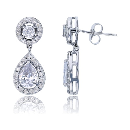 Decadence Sterling Silver Rhodium 4mm Round Cut Halo and 8x6mm Pear Cut Halo Dangling Earring