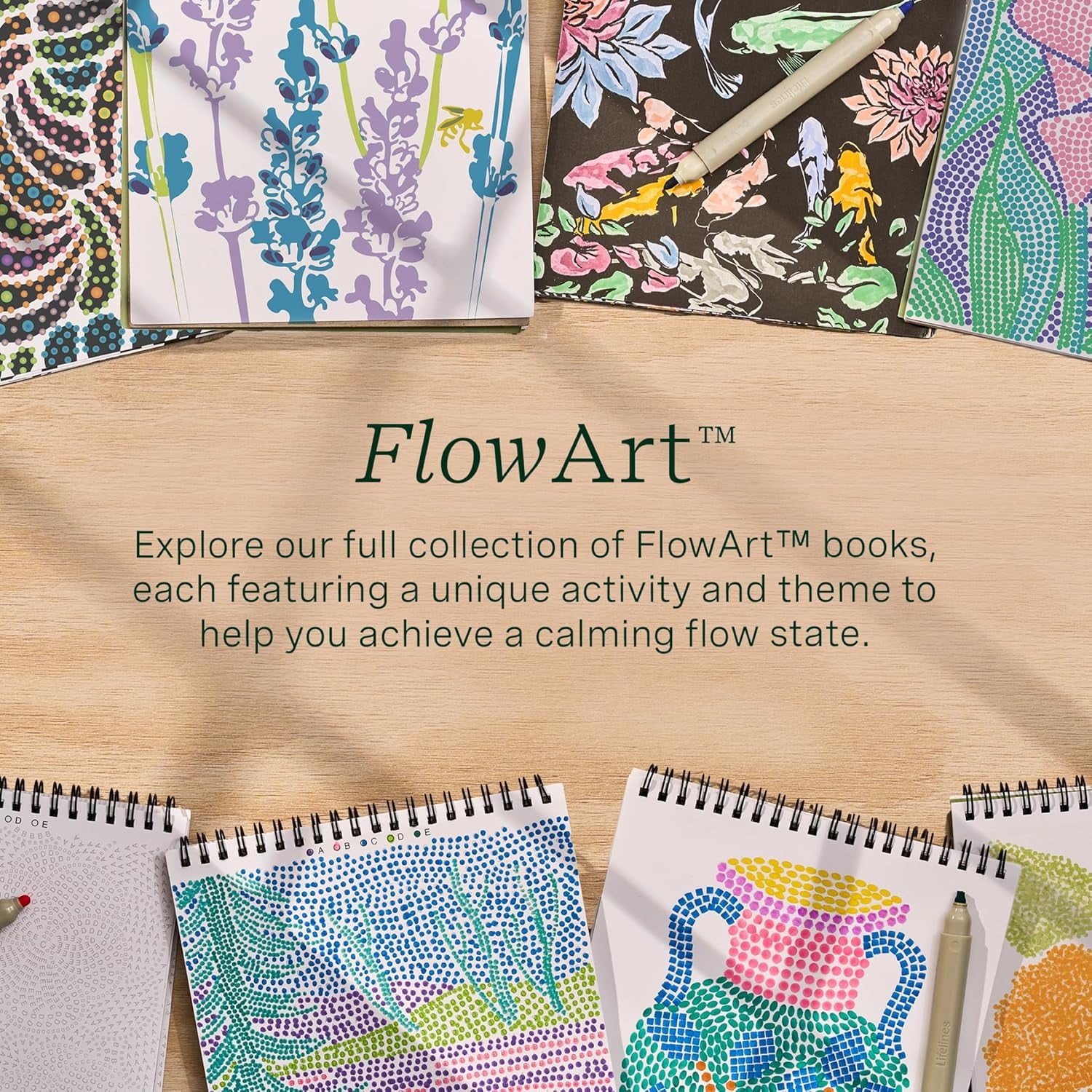Lifelines FlowArt Dot-by-Letter Activity Pad, Guided Dot Art Meditations with 4 Double-Sided Markers, Botanicals, 20 Pages