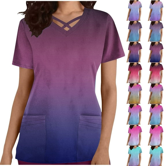 QATAINLAV Womens Scrubs Gradient Print Short Sleeve Nursing Scrub Tops Criss Cross V Neck T-Shirts Stretch Nurse Uniform Pocket Tee on Sale Blue L
