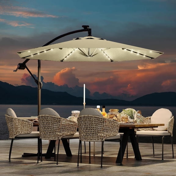 EastVita 10FT offset patio umbrella with solar lights 32 LED Lights with Infinite Tilt and Cross Base for Deck Pool Garden Backyard (Beige)