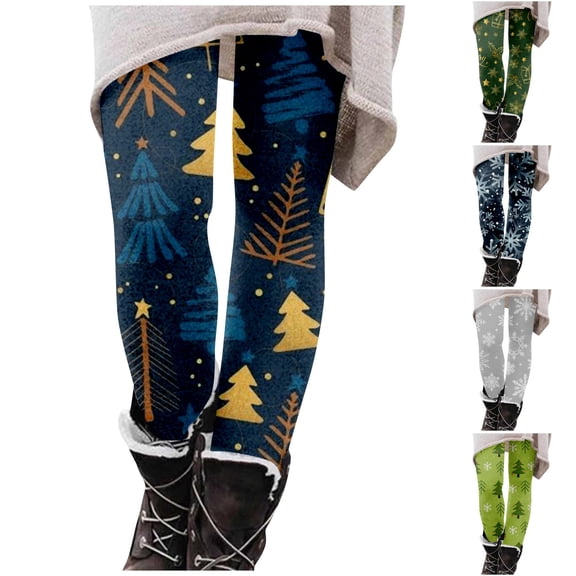 YujiCraft Women's Christmas Print Plus Velvet Warm Elastic Leggings, High Waist Fleece Lined Winter Pants,L