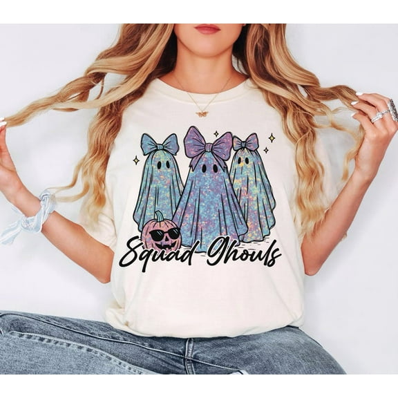 Cute Ghost Girls Shirt, Glittery Pastel Halloween Tee, Girly Spooky Squad Outfit for October Parties and Trick or Treat