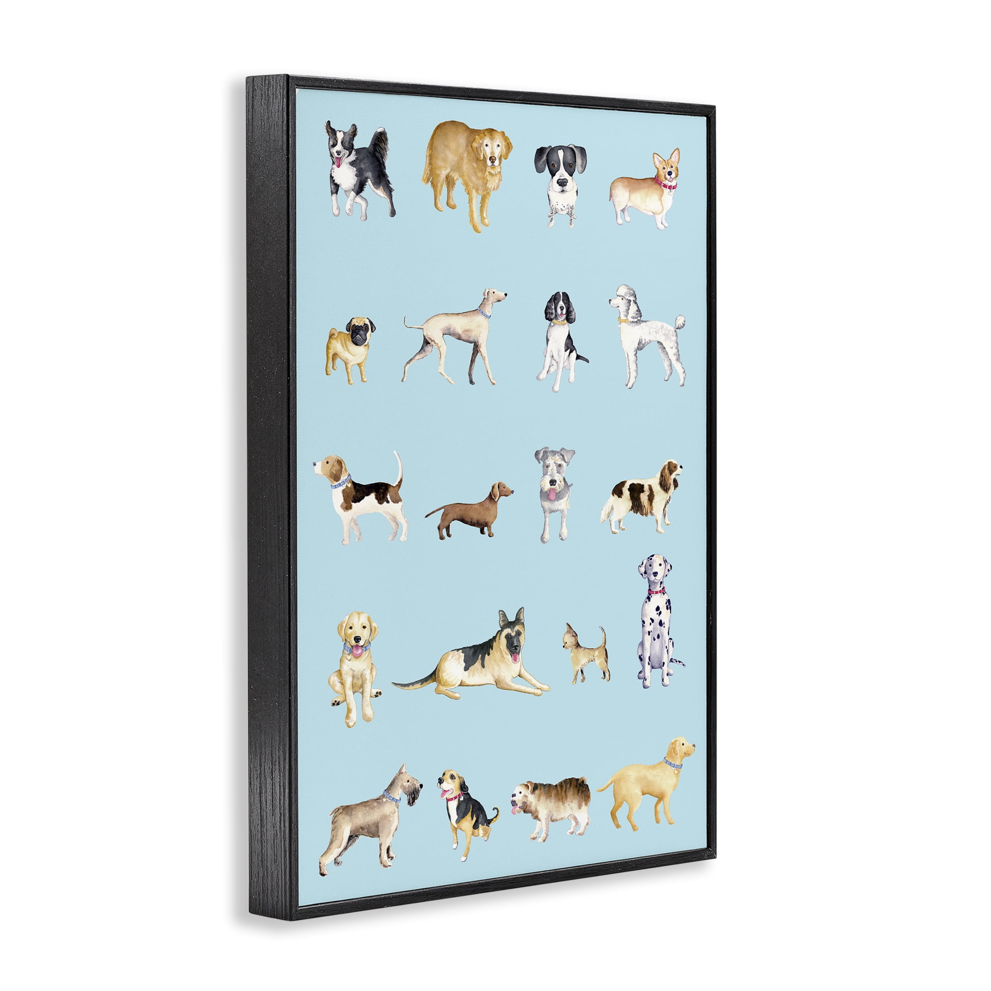 Stupell Industries Dog Breeds on Blue Black Framed Giclee Art, design by Andi Metz
