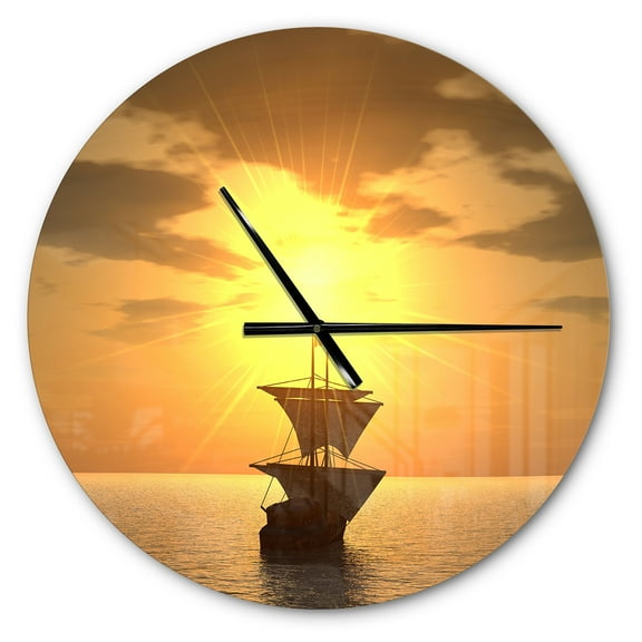 Designart 'Ship and Sunset ' Modern wall clock
