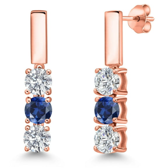 Gem Stone King 18K Rose Gold Plated Silver White Lab Grown Diamond and Blue Created Sapphire Drop Dangle Earrings for Women | 1.60 Cttw | Gemstone April Birthstone | Round 5MM