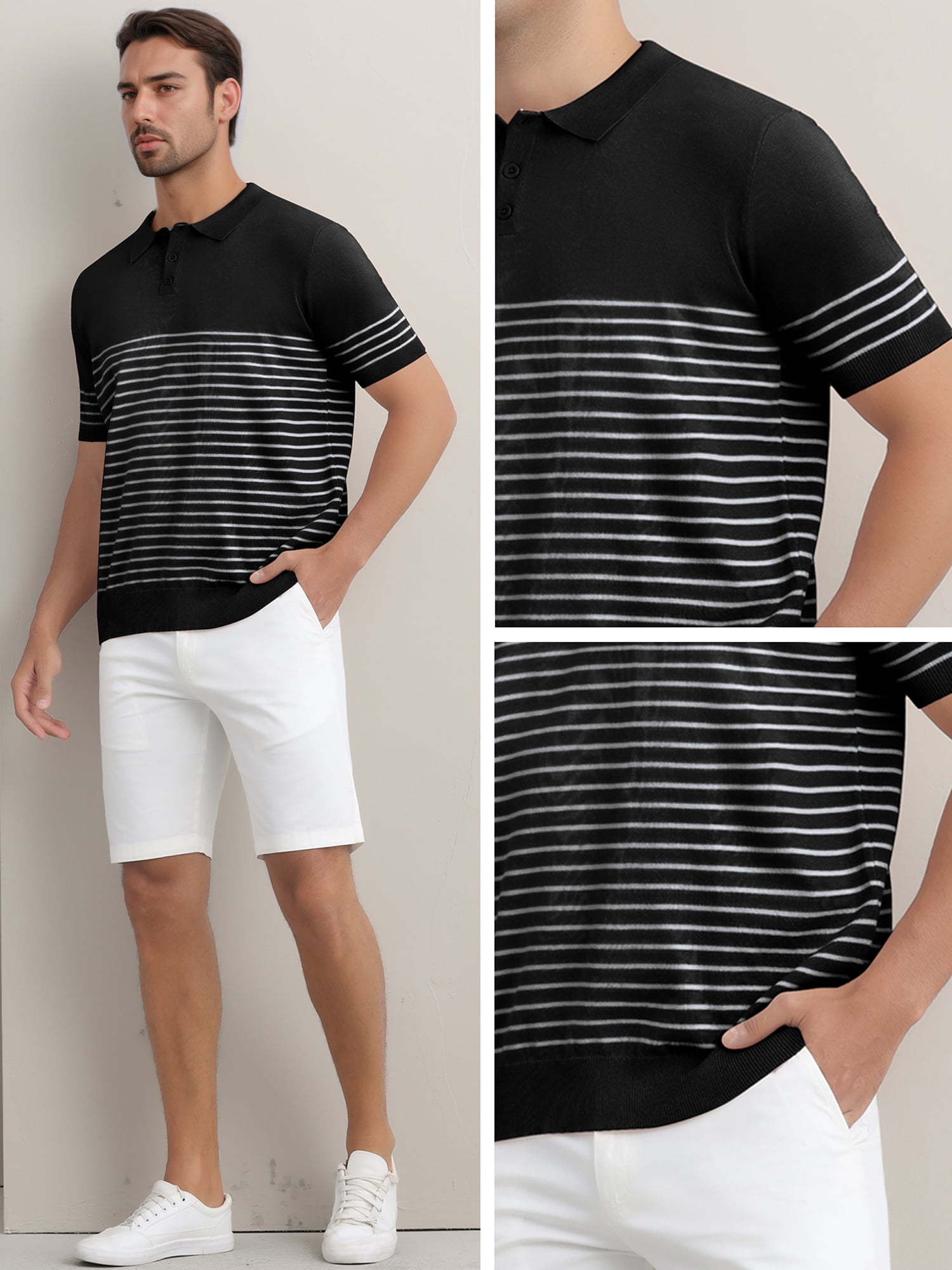 DARING DIVA Men's Knit Polo Short Sleeve Striped Golf Casual Collared T Shirt M Black